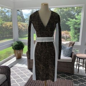 J. Mendel Leather and Tweed Fitted V-Neck Dress